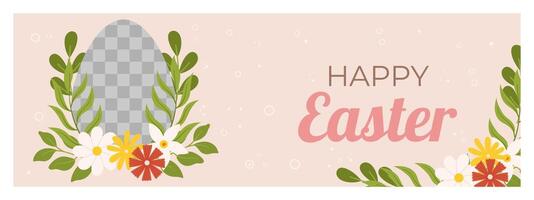 Easter horizontal banner template. Design for celebration spring holiday with transparent frame for photo and flowers around. vector