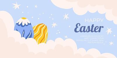 Easter sale horizontal background template for promotion. Design on sky blue background with painted eggs lay on white clouds with stars around vector