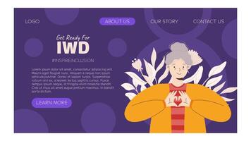 IWD Inspire Inclusion campaign, International Women's Day 2024 Landing page template features a diversity of women making heart gesture with their hands. Vector hand drawn illustration in flat style.