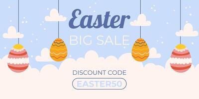 Easter sale horizontal background template for promotion. Design on sky blue background with painted eggs hanging by a string, white clouds around vector