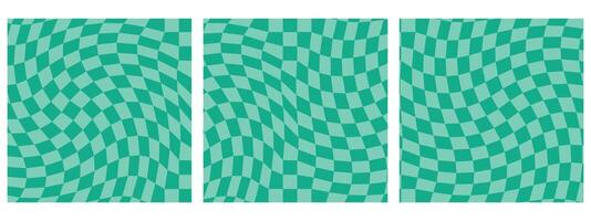 Set of Square Vintage Aesthetic Backgrounds with Groovy Checkered Pattern and Psychedelic Checkerboard Textures in Turquoise color palette vector
