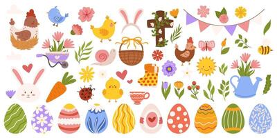 Pascua de Resurrección grande colección con diferente elementos en tema - pintado huevos, conejito, pollos y flores, cruzar. mano dibujado vector plano elementos.