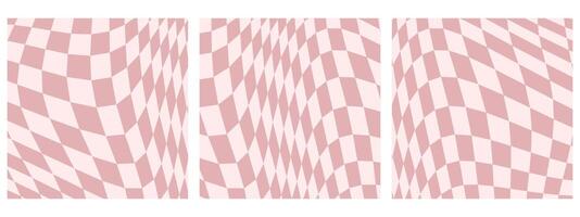 Set of Square Abstract Background Featuring Psychedelic Groovy Checkerboard Design in 1970s Hippie Retro Style. A Vector Pattern Ready for Use,  Pink color palette