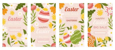 Easter collection of vertical social media template for shopping sale. Design with floral frames, painted eggs. Flat hand drawn illustrations for promoting vector