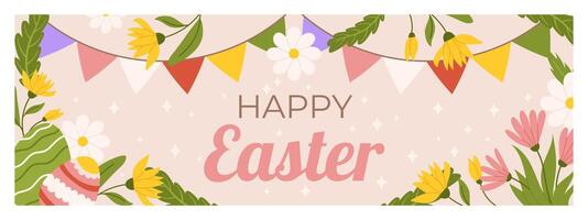 Easter horizontal banner template. Design for celebration spring holiday with flowers, painted eggs, bunting garland with colorful flags. vector