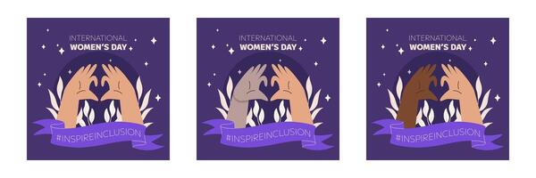 IWD Inspire Inclusion campaign, International Women's Day 2024 Square social media post template collection features variety of hands showing the heart gesture. vector