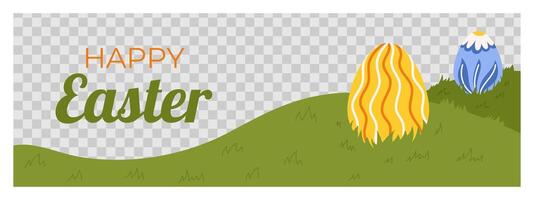 Easter horizontal banner template. Design for celebration spring holiday with transparent frame for photo, painted eggs and green field, grass vector