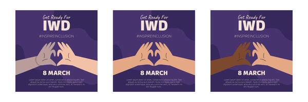 IWD Inspire Inclusion campaign, International Women's Day 2024 Square social media post template collection features variety of hands showing the heart gesture. vector