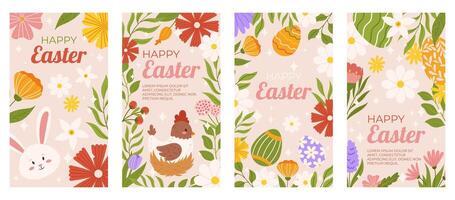 Easter collection of vertical social media template for shopping sale. Design with floral frames, painted eggs, bunny and chicken on nest. Flat hand drawn illustrations for promoting vector