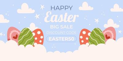 Easter sale horizontal background template for promotion. Design on sky blue background with painted eggs lay on white clouds vector