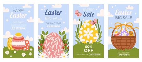 Easter promotion collection of vertical social media template. Design on sky blue background with painted eggs, floral elements, basket full of eggs. Hand drawn Spring sale set. vector