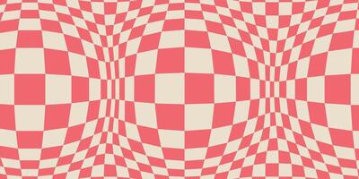 Bloated Checkered Colorful Background, Abstract Vector Pattern. The Retro Wavy Psychedelic Checkerboard in Red and White Colors.