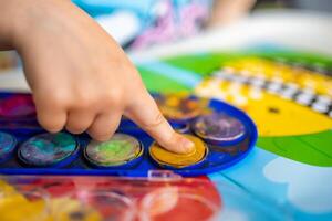 The child fills in the empty spaces. Ideas for finger painting. Finger painting task for kids. Little girl draws with paints. children development concept. photo