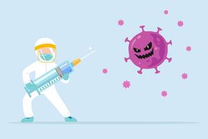 Doctor wearing Face Mask Fight Against Covid-19 with vaccine syringe to prevent from spreading. Corona virus prevention concept illustration vector