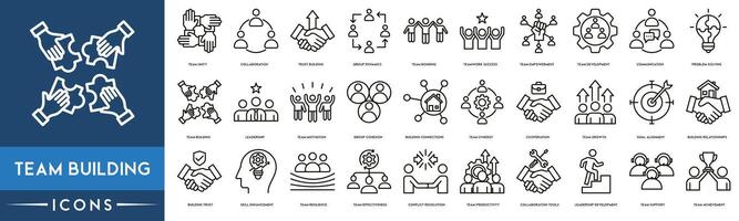 Team Building icon set. Included the icons as Collaboration, Building, Team Bonding, Teamwork, Empowerment, Communication, Problem Solving, Leadership and Motivation vector