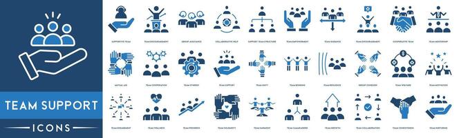 Team Support, Team Motivation, Team Engagement, Teamwork icon set. Included the icons as Job Team Wellness, Empowerment, Unity, Bonding, Resilience, Growth and Collaboration vector