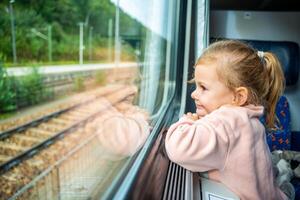 Cute little girl looking out train window outside, while it moving. Traveling by railway in Europe photo