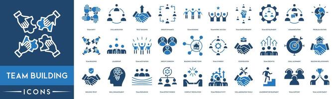 Team Building icon set. Included the icons as Collaboration, Building, Team Bonding, Teamwork, Empowerment, Communication, Problem Solving, Leadership and Motivation vector