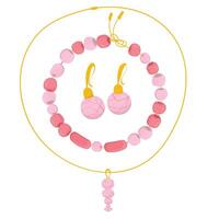 pink jewelry set made of gold and quartz. Vector stock illustration. A set of jewelry made of beads. Isolated on a white background.
