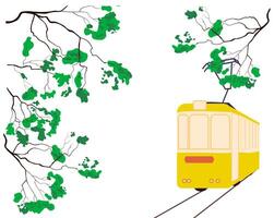 Yellow tram vector stock illustration. Electric urban transport on rails. Railway. Jacaranda trees. SYDNEY, AUSTRALIA.  Isolated on a white background.