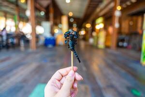 frito escorpión en un brocheta en mano de turista en flotante abierto aire mercado en el estanque en pattaya, Tailandia foto