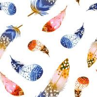 Seamless pattern with watercolor boho feathers in blue and orange tones vector