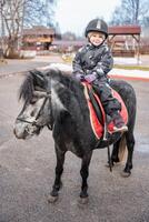 pequeño linda niña montando un pequeño caballo o poni en el invierno en campo en el invierno. alto calidad foto