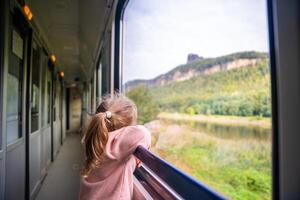 Little girl looking out train window outside, while it moving. Traveling by railway, Europe photo