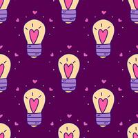Seamless pattern. Burning light bulb with heart inside. Vector