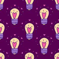 Seamless pattern. Burning light bulb with heart inside. Vector