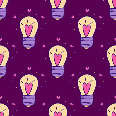 Seamless pattern. Burning light bulb with heart inside. Vector