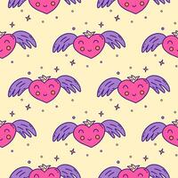 Seamless pattern. Pink smiling heart with wings and crown. Vector