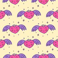 Seamless pattern. Pink smiling heart with wings and crown. Vector