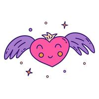 Pink smiling heart with wings and crown. Vector doodle