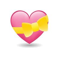 The isolated vector glossy pink heart shaped box emoji icon, tied with a yellow ribbon being a gift box, box of chocolates or jewelry box.