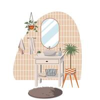 cute bathroom interiors in Scandinavian style. Bathrooms and dressing rooms with washbasins, sinks, mirrors, cabinets and plants. Flat vector illustration on white background