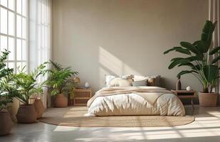 AI generated an empty bedroom with neutral furniture and fresh plants photo