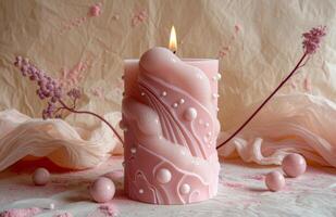 AI generated a pink candle with soft bubbles and beads photo