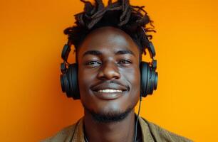 AI generated a young man wearing headphones who is smiling at yellow background photo