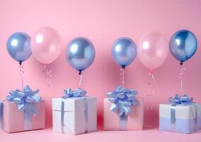 AI generated presents and balloons on pink background photo