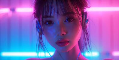 AI generated girl in earphones singing in front of blue background photo