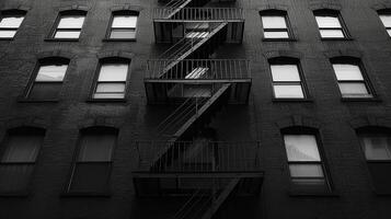 AI generated A monochromatic shot of a fire escape staircase, epitomizing urban utility and aesthetics photo