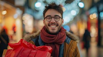 ai generado un joven hombre delicias en compras para regalos a el centro comercial. foto