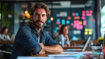 AI generated Stylish CEO leading a brainstorming session, fostering innovation and creative thinking in the workplace photo