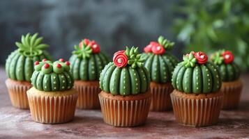 AI generated Delicious cupcakes in the shape of cacti photo