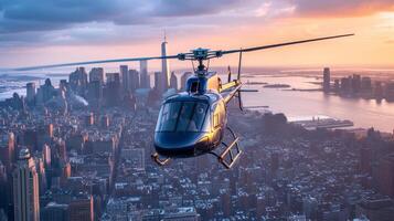 AI generated The helicopter is prized for the helicopter's purpose at high altitude in city photo