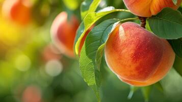 AI generated Beautiful juicy ripe peach hang on a branch in the summer garden photo