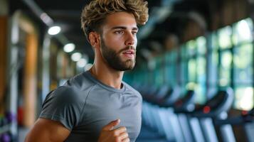 ai generado joven hermoso hombre corriendo en un rueda de andar en el gimnasio foto