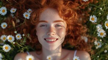 AI generated A beautiful young curly red-haired girl with freckles lies on her back and laughs in a summer field photo