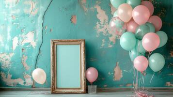 ai generado un sereno celebracion preparar con un de madera marco y racimos de delicado, pastel globos foto